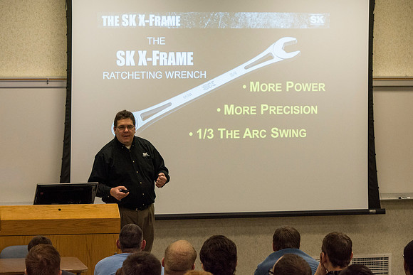 SK Tools representative Rob Conrad speaks to Automotive and Enigineering students in the Austin Builiding.