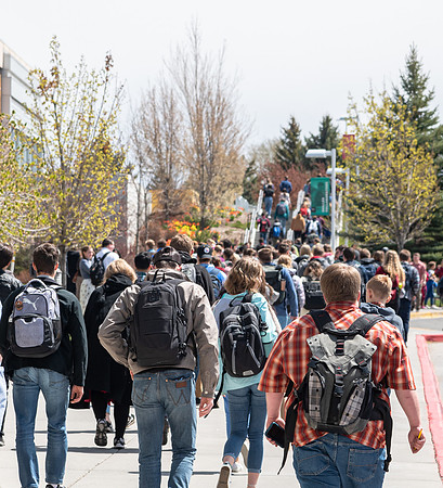 Students leaving the I-Center after Devotional.