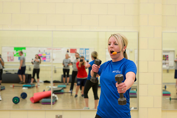 Students exercise in the Power Shred fitness class sponsored by the Wellness Center.