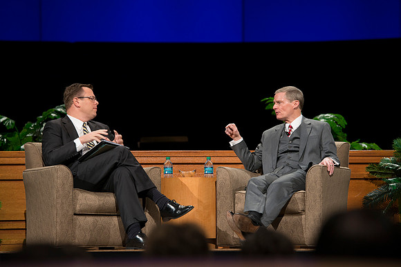 President Gilbert and Elder David A. Bednar Have a Q&A style meeting for the BYU-Idaho employees. Elder Bednar was the President during the transition of Ricks College to BYU-Idaho.