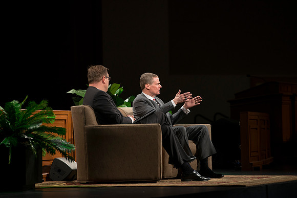 President Gilbert and Elder David A. Bednar Have a Q&A style meeting for the BYU-Idaho employees. Elder Bednar was the President during the transition of Ricks College to BYU-Idaho.