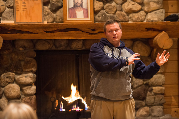 Retreat for teachers at the Sky Mountain Lodge in Victor, Idaho. Participants share a favorite book.