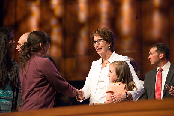 Sister Clarke with one of her granddaughters at the BYU-Idaho devotional.