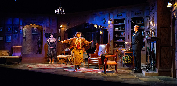 Drama dress rehearsal for the Blithe Spirit play in the Snow theater.