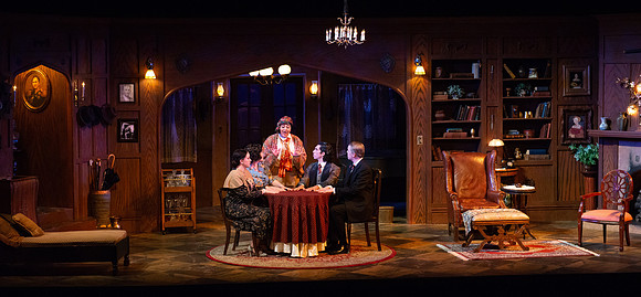 Drama dress rehearsal for the Blithe Spirit play in the Snow theater.