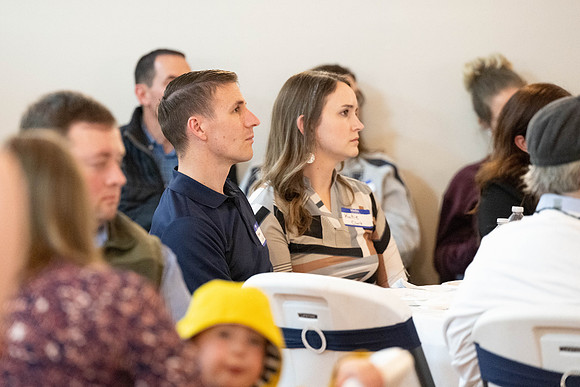 Alumni in the Cache Valley area gather at Eagles Landing Event Center, in Smithfield, Utah and get the chance to listen to and meet President Meredith.