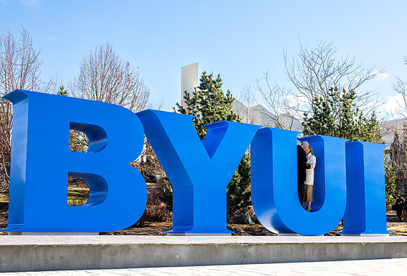 Unveiling of a new monument on campus: BYUI letters just below the Taylor Quad.