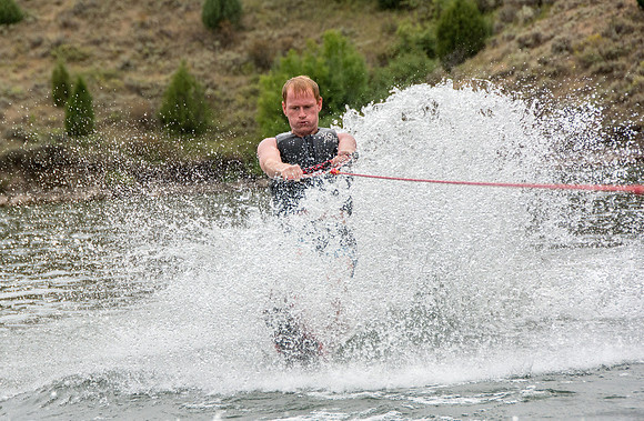 Tanner Fugal waterskiing at Ririe Reservoir.