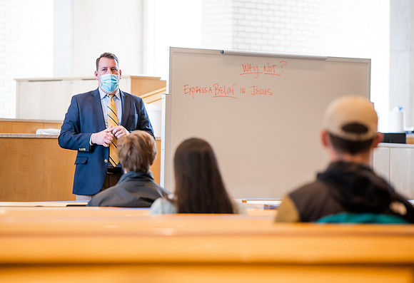 BYUI classes in the religion department meeting during Covid-19 with masks and social distanced seating.