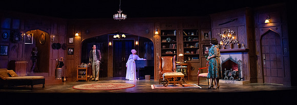 Drama dress rehearsal for the Blithe Spirit play in the Snow theater.