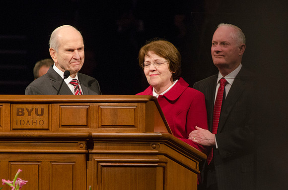 Students stand and give appreciation to President Kim B. Clark and his wife, Sue after Russell M. Nelson announces new BYU-Idaho President. Photo by Katelyn Crompton