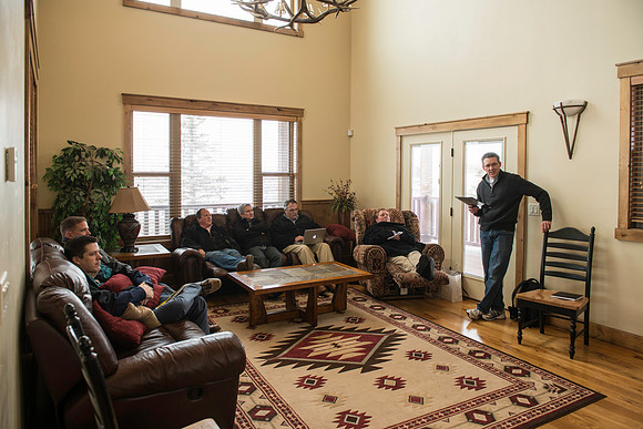 University Communications retreat at the Centennial Cabin in Island Park West side of the Island Park Reservoir. Jed Rhien, Tony Carpenter, Michael Ballard, James Linton, Arnold Thiebaud, Linda Draper