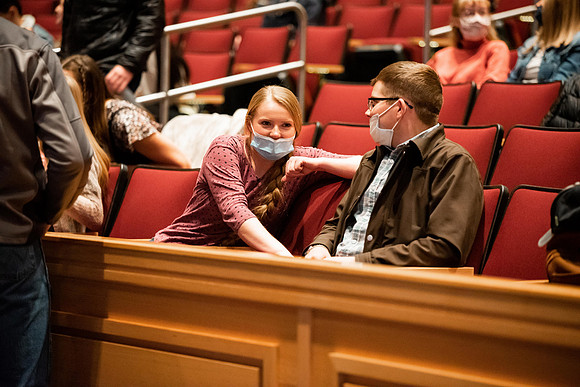 Students gather at the I-center to watch the devotional given by Holly Johnson.