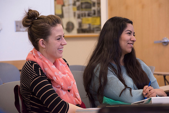 Students laugh in Brother Robert's Sociology class during the 2014 Spring Semester.