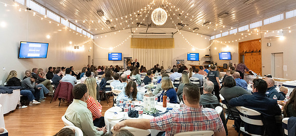 Alumni in the Cache Valley area gather at Eagles Landing Event Center, in Smithfield, Utah and get the chance to listen to and meet President Meredith.