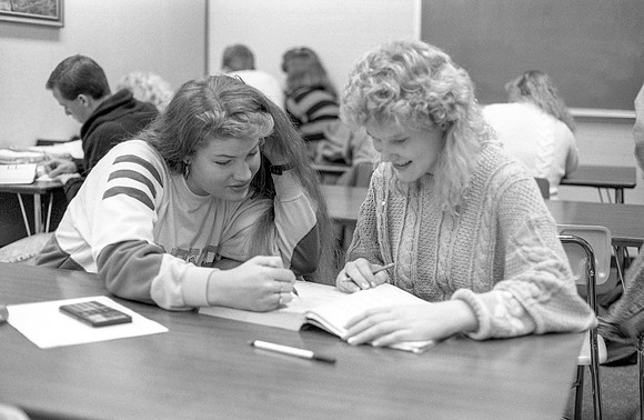Students work in the Math Lab on campus. November 1990.