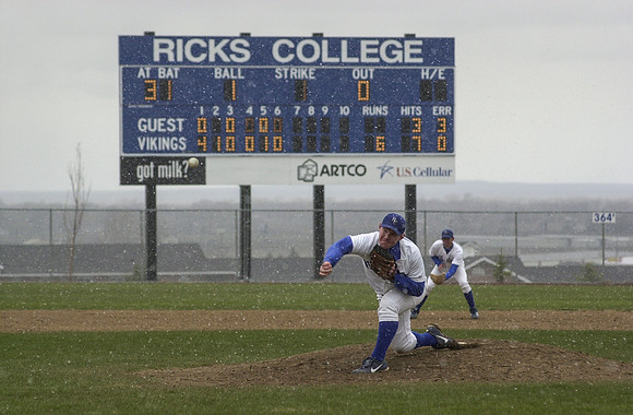 A typical blustery Spring day in Rexburg for the Ricks College baseball team