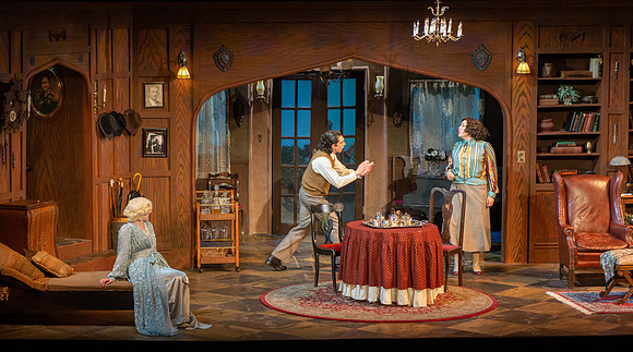 Drama dress rehearsal for the Blithe Spirit play in the Snow theater.