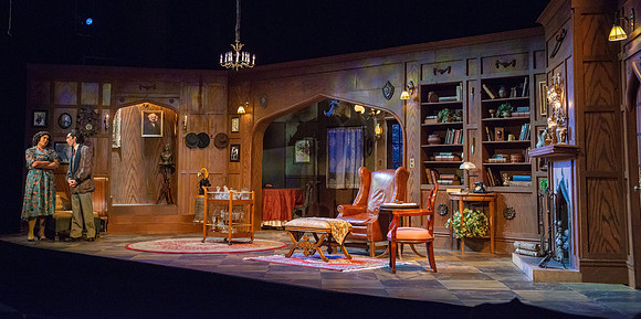 Drama dress rehearsal for the Blithe Spirit play in the Snow theater.