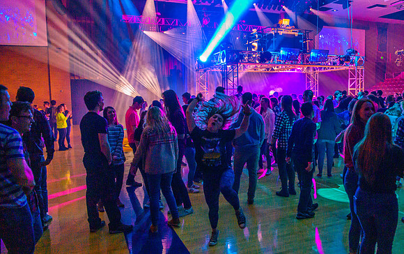 First Friday is a campus wide party to celebrate the start of the new school year. Activities include escape rooms, dancing, games, inflatables, food, comedy performances, blacklight dodgeball, nerf