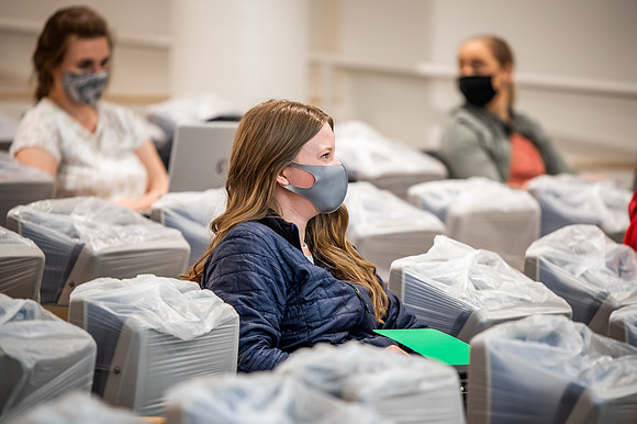 BYUI classes in the religion department meeting during Covid-19 with masks and social distanced seating.