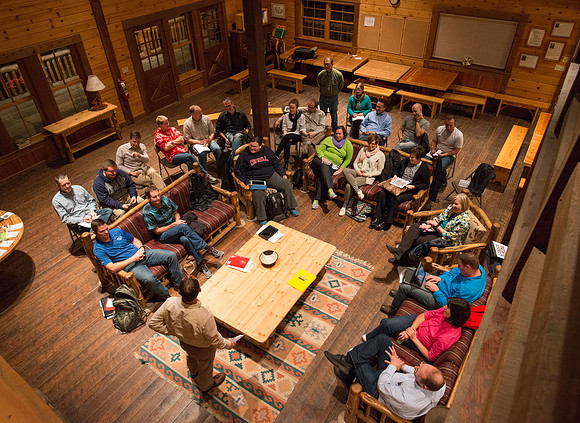 Retreat for teachers at the Sky Mountain Lodge in Victor, Idaho. Participants share a favorite book.