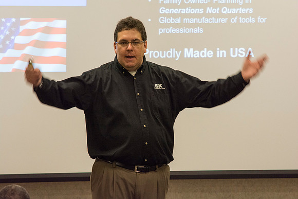 SK Tools representative Rob Conrad speaks to Automotive and Engineering students in the Austin Builiding.