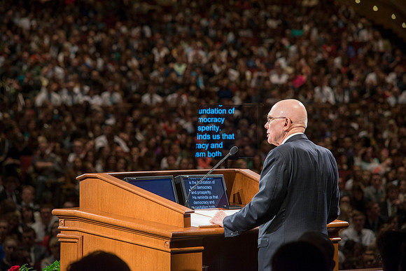 Elder Dallin H. Oaks speaks at devotional in the BYU-Idaho Center.