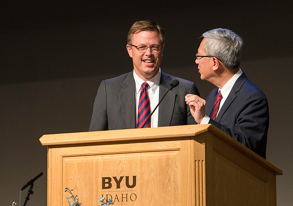 Elder Gerrit W. Gong of the First Quorum of the Seventy was the visiting General Authority. He let President Gilbert know he got the memo as to which tie to wear. (lol)
