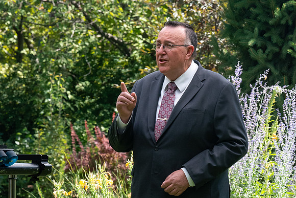 Video production of Vice President, Jon Linford, in the Thomas E. Ricks Gardens for the We're In This Together campaign.