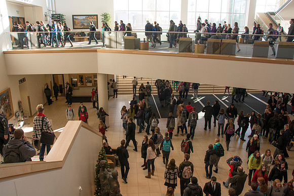 Student's walk out of I-Center after devotional