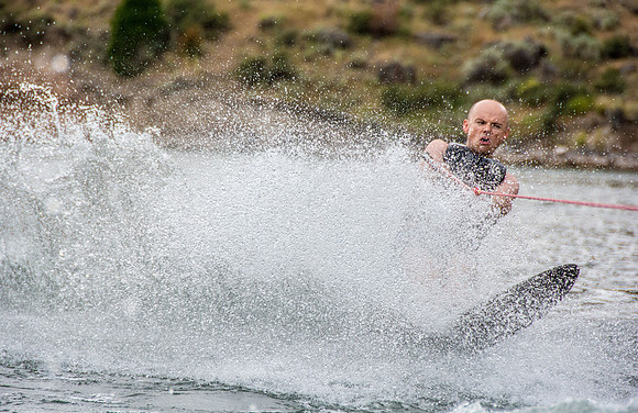 Stephen Mendenhall waterskiing at Ririe Reservoir. - Aug 2019