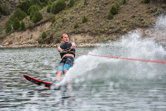 Tanner Fugal waterskiing at Ririe Reservoir.