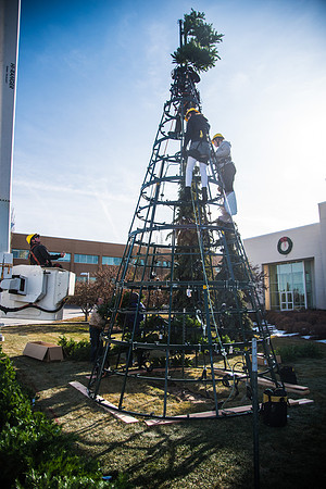 The BYU-Idaho ground keeping crew set up a christmas tree in front of the Taylor chapel. Fall Semester.