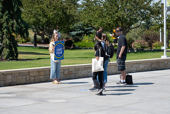 Admissions hosts a game show in the Taylor Quad. Video team behind the scenes.