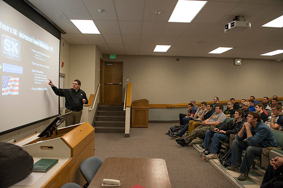 SK Tools representative Rob Conrad speaks to Automotive and Engineering students in the Austin Builiding.