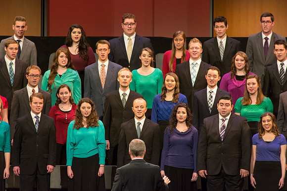 Brigham Young University-Idaho's Collegiate Singers perform at the Worldwide Devotional held in the BYU-Idaho Center on Sunday, 11 January, 2015. Photo by Ryan Chase