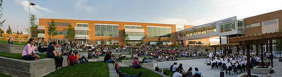 Students listen to the Inaugural concert in the Central Quad. Manwaring center and McKay building in background.