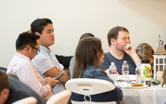 Alumni in the Cache Valley area gather at Eagles Landing Event Center, in Smithfield, Utah and get the chance to listen to and meet President Meredith.