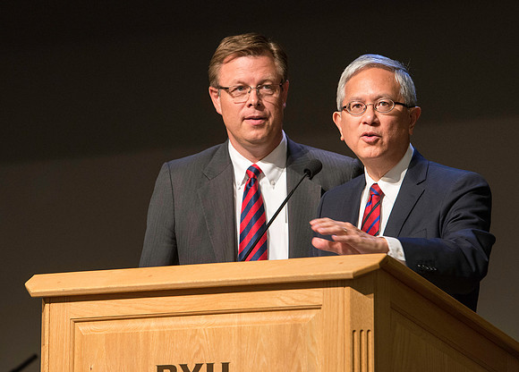 Elder Gerrit W. Gong of the First Quorum of the Seventy was the visiting General Authority. He let President Gilbert know he got the memo as to which tie to wear. (lol)