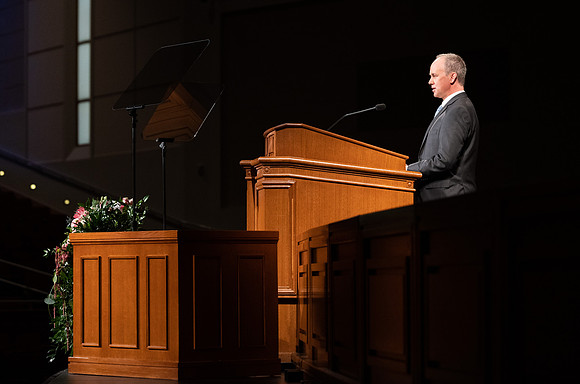 Robert Tueller of the Music Department records his devotional talk.