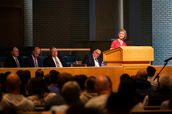 Cindy Bezas speaking at the BYUI University forum