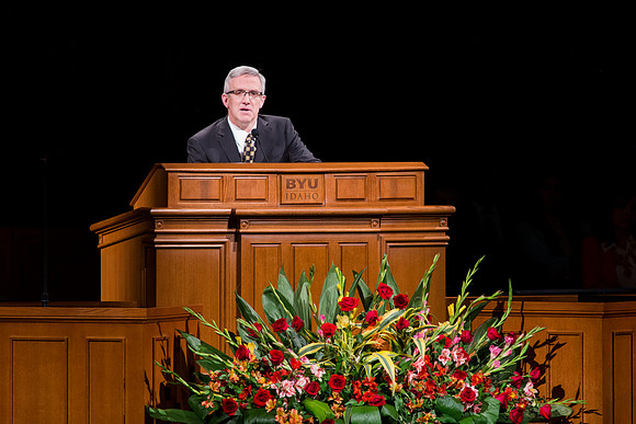Reed Stoddard, faculty member at Brigham Young University-Idaho speaks to students about the power that comes from focusing on blessings and expressing gratitude during trials.