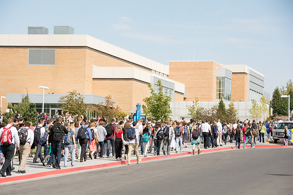 Students gather to listen to President and Sister Clark talk in the i-Center for the first devotional of the semester.