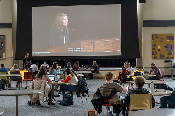 Students gather in the Manwaring Center, Crossroads to study, socialize, and watch devotional.