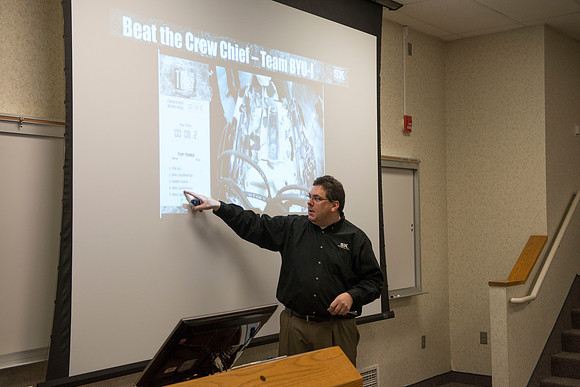 SK Tools representative Rob Conrad speaks to Automotive and Engineering students in the Austin Builiding.