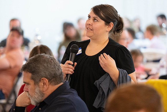 Alumni in the Cache Valley area gather at Eagles Landing Event Center, in Smithfield, Utah and get the chance to listen to and meet President Meredith.