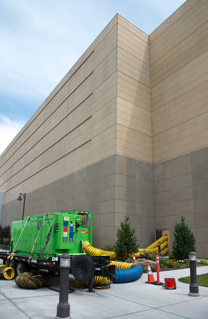 Servpro uses heavy machinery to blow air into the I-Center to dry the building.