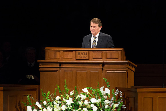 Randall L. Ridd, Second Counselor of the Young Men General Presidency, addresses young adults at the Worldwide Devotional held in the BYU-Idaho Center on Sunday, 11 January, 2015. Photo by Ryan Chase