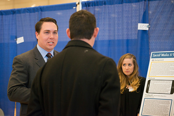 Students present their projects for the Student Research and Creative Works Conference.